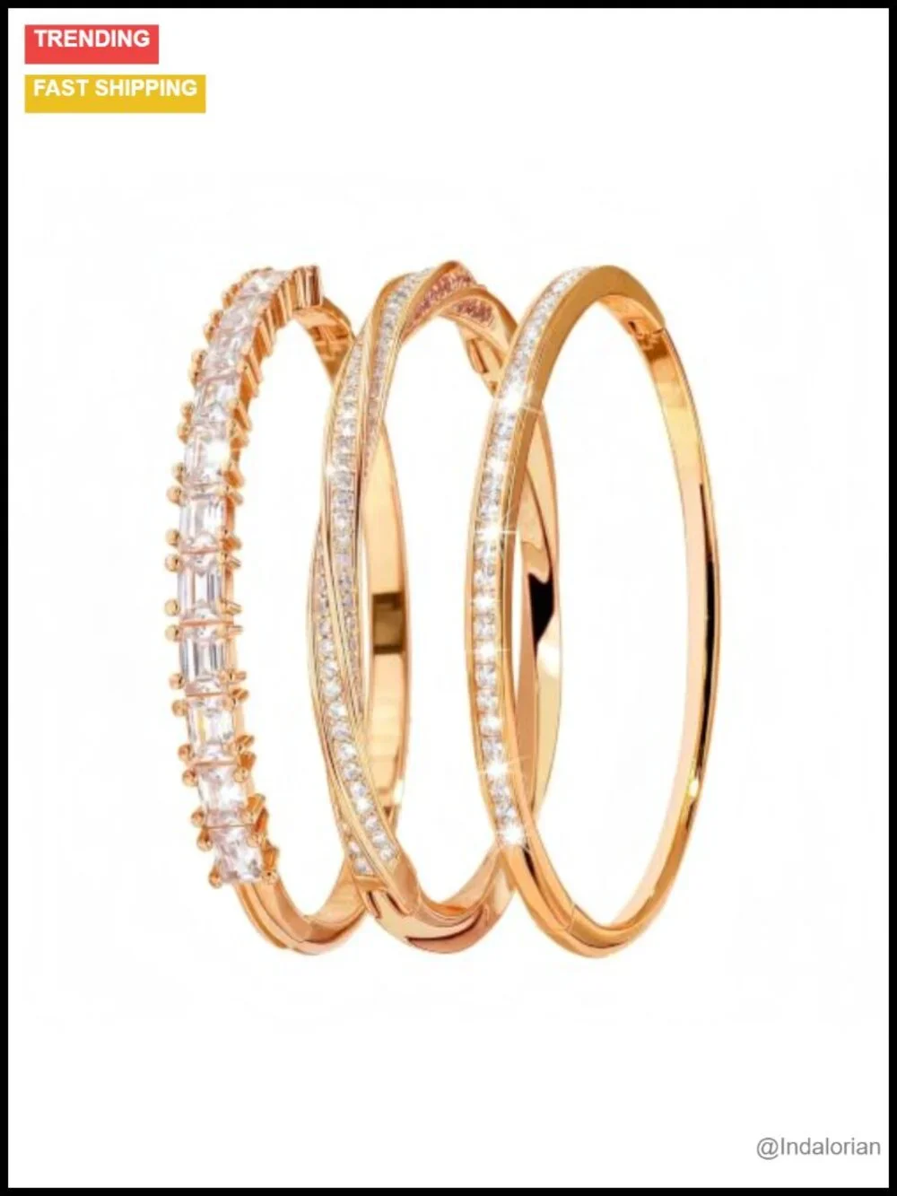 Gold Plated 3 Pack Bangle Bracelet Set with Cubic Zirconia for Women